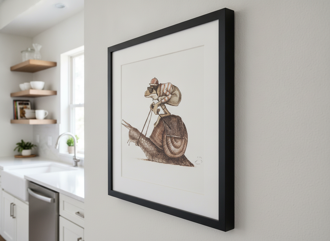 Artwork styled on the wall of a bright modern kitchen