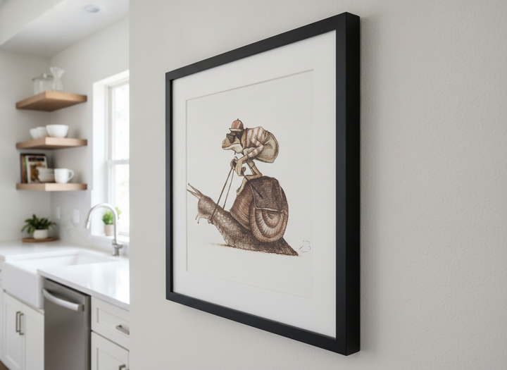 Artwork styled on the wall of a bright modern kitchen