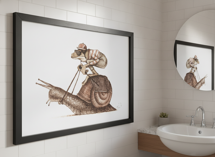 Modern print displayed in a clean minimalist bathroom setting