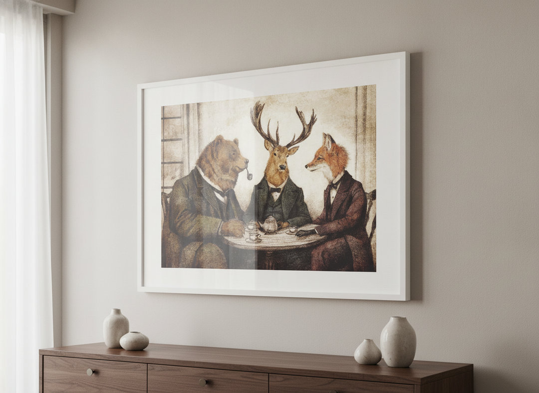 Wall art styled above a dining table in a contemporary home
