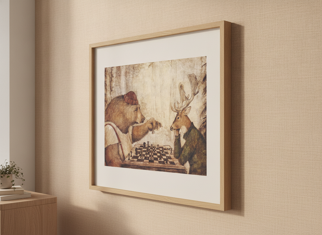 Minimalist artwork displayed in a calm, light-filled bedroom interior