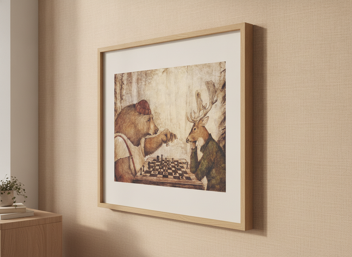 Minimalist artwork displayed in a calm, light-filled bedroom interior