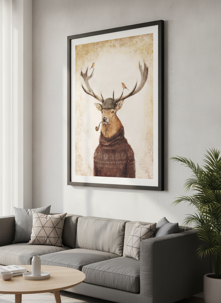 Modern wall art styled above a sofa in a neutral living room