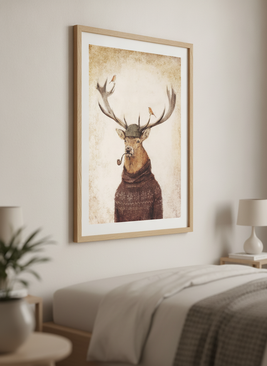 Minimalist artwork displayed in a calm, light-filled bedroom interior