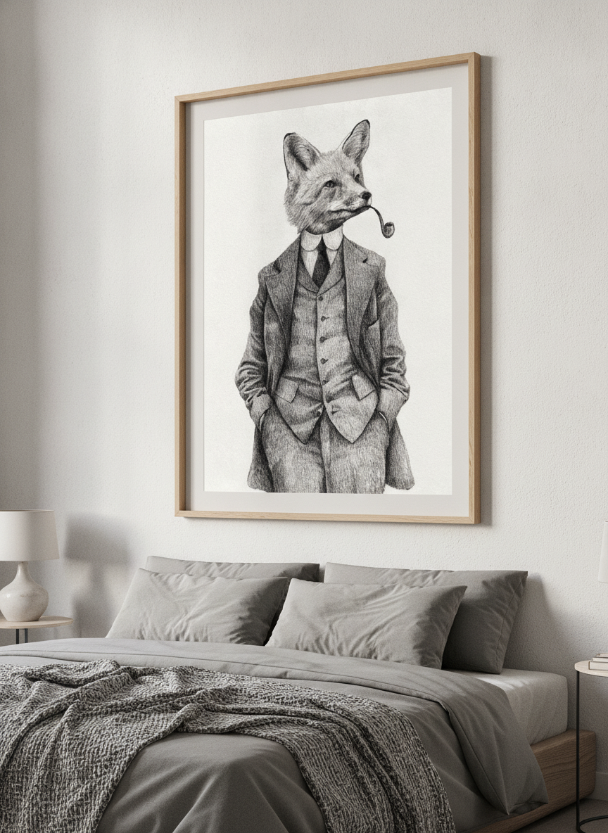 Minimalist artwork displayed in a calm, light-filled bedroom interior