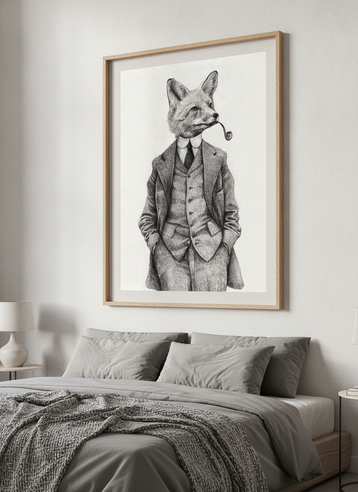 Minimalist artwork displayed in a calm, light-filled bedroom interior