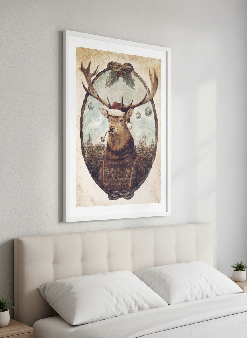 Minimalist artwork displayed in a calm, light-filled bedroom interior