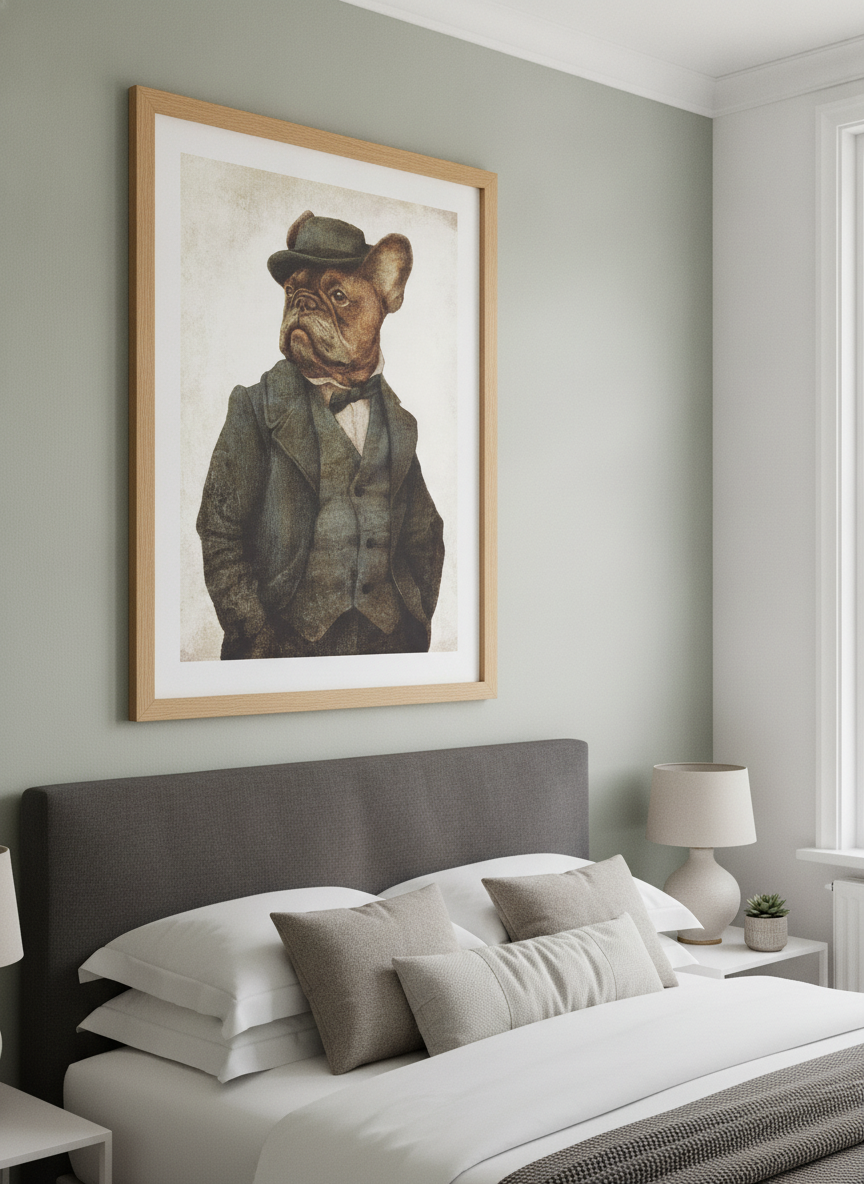 Minimalist artwork displayed in a calm, light-filled bedroom interior