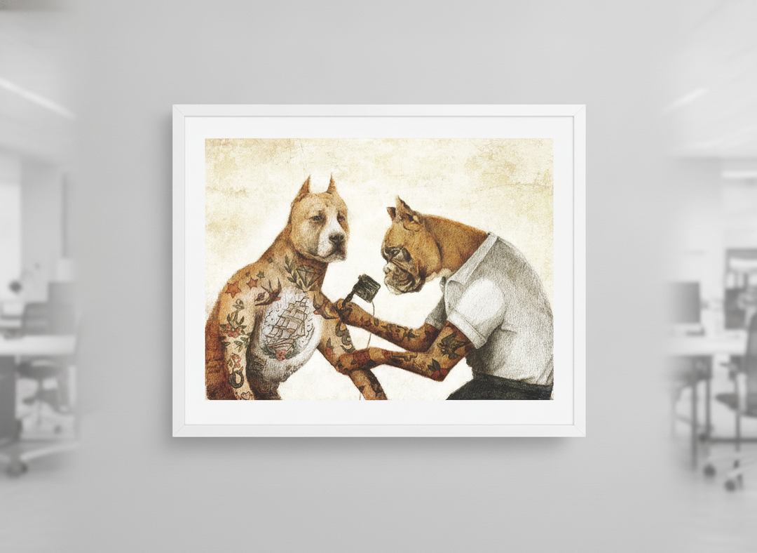 Contemporary wall art featured in a bright modern office workspace