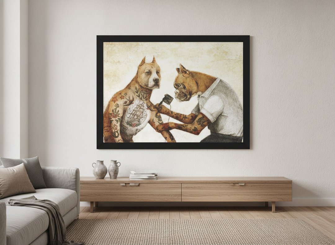 Modern wall art styled above a sofa in a neutral living room