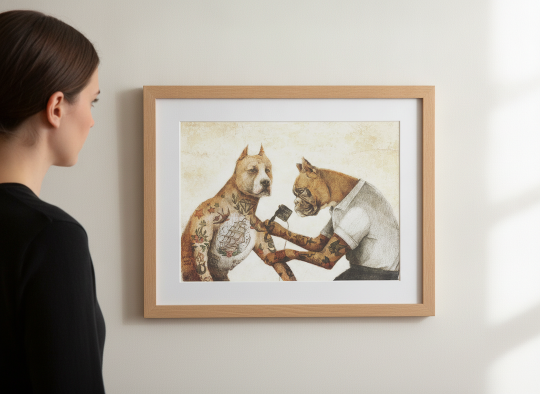 Person showcasing the artwork against a clean modern interior wall