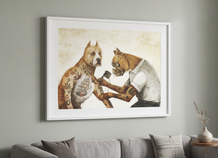 Modern wall art styled above a sofa in a neutral living room