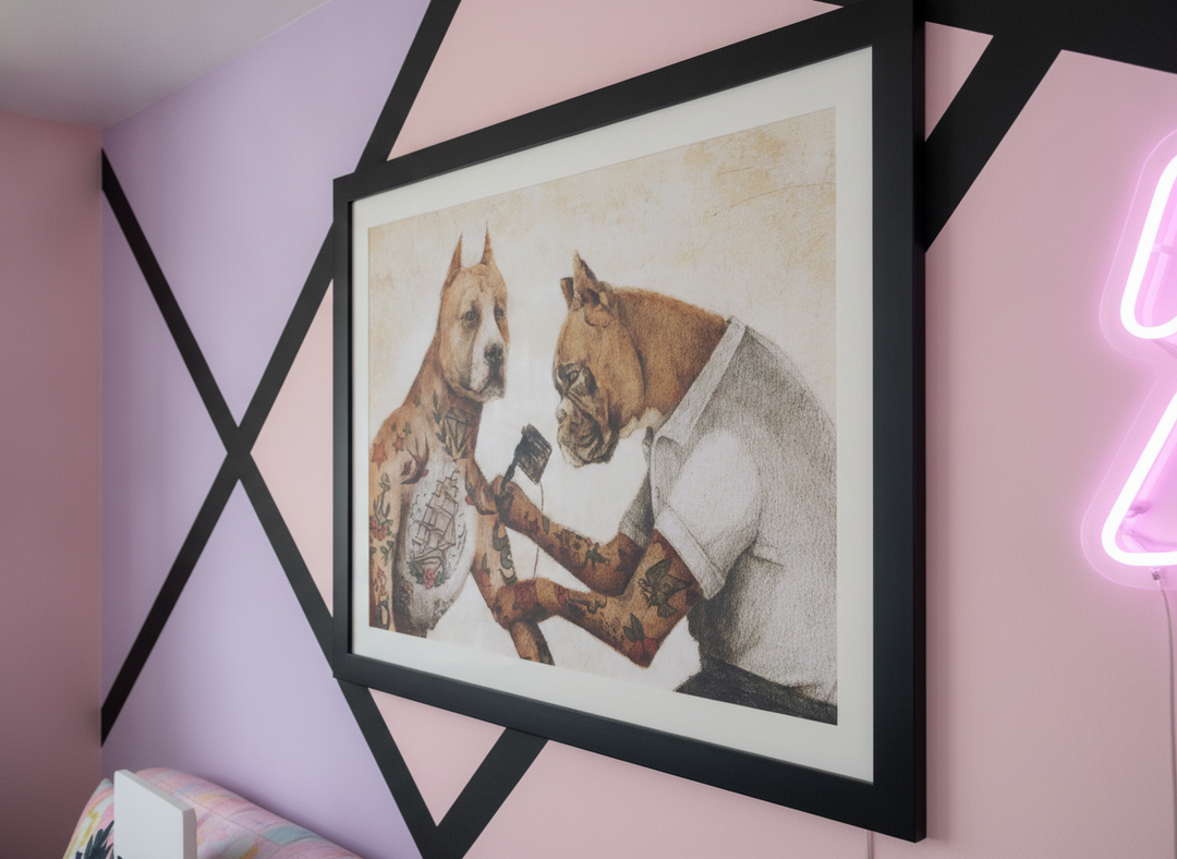 Bold wall art styled in a colourful, eclectic modern home
