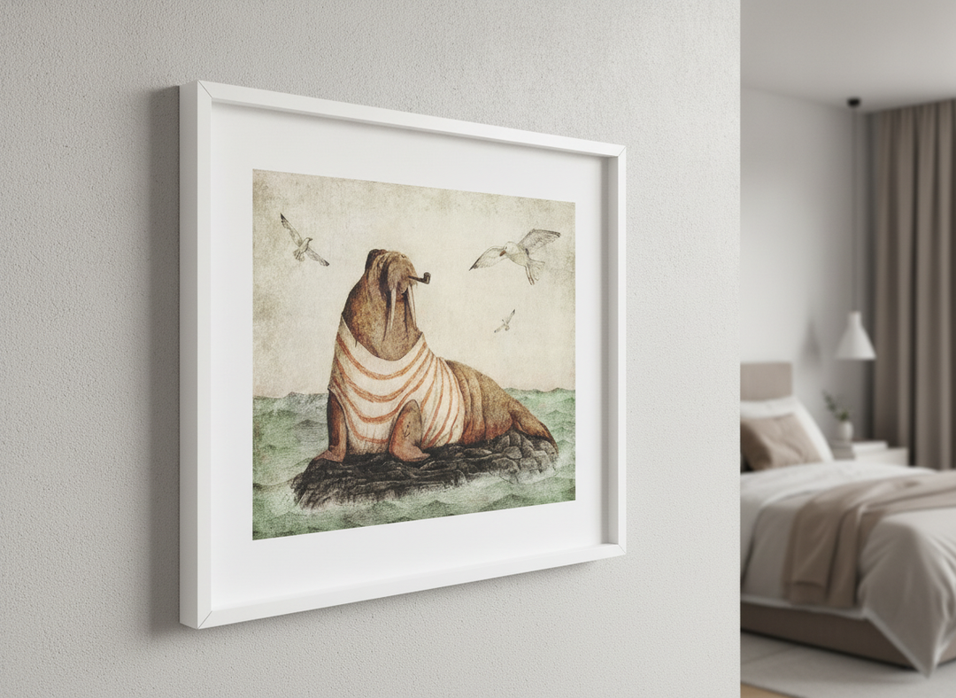 Minimalist artwork displayed in a calm, light-filled bedroom interior