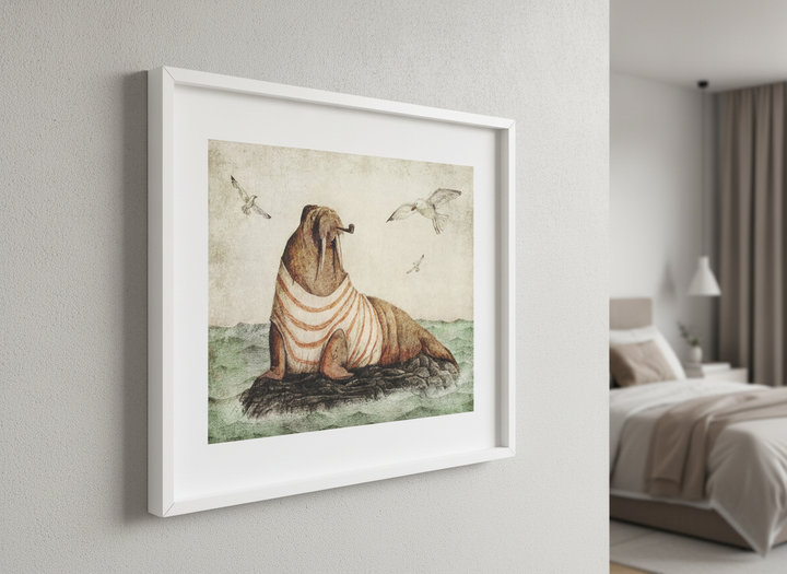 Minimalist artwork displayed in a calm, light-filled bedroom interior