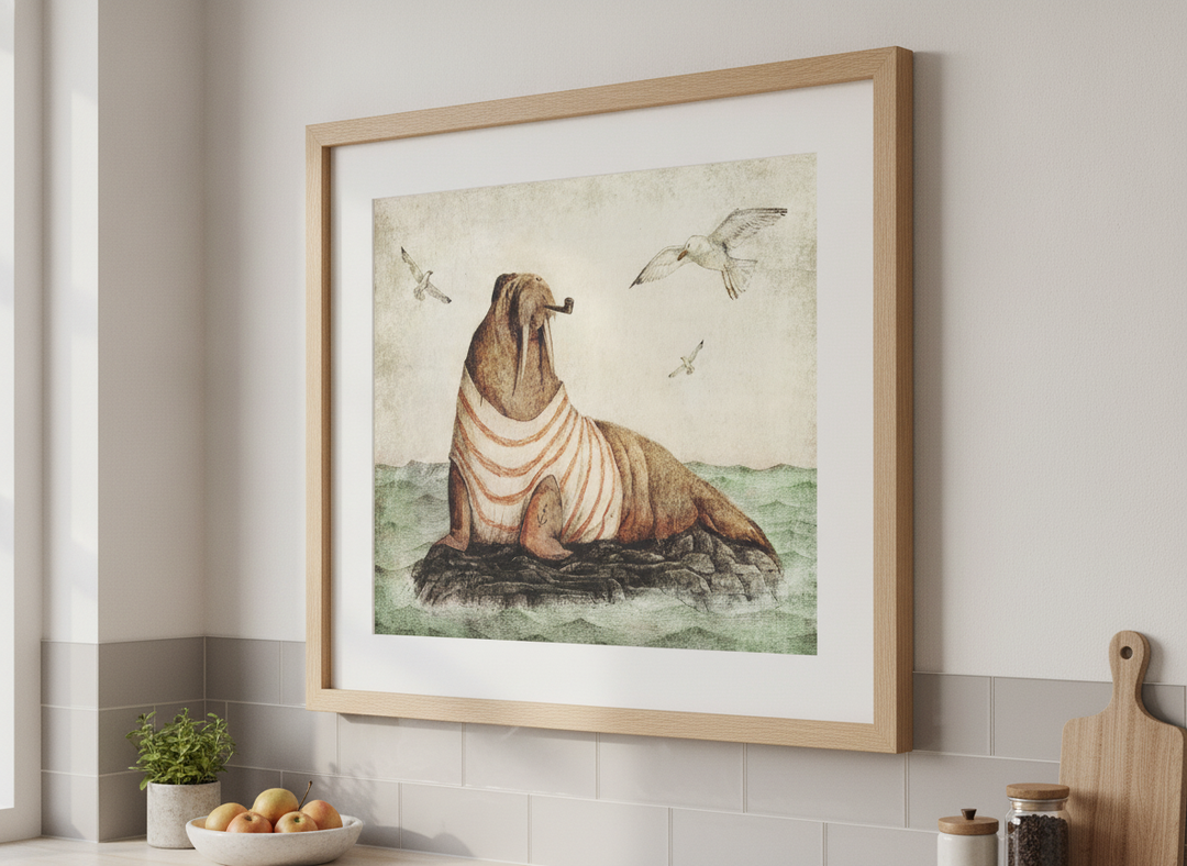 Artwork styled on the wall of a bright modern kitchen
