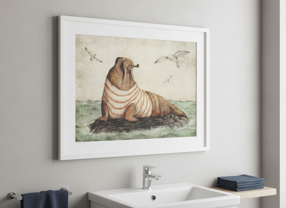 Modern print displayed in a clean minimalist bathroom setting