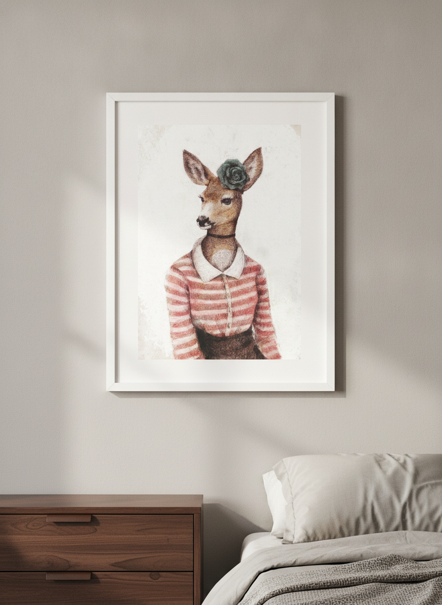 Minimalist artwork displayed in a calm, light-filled bedroom interior