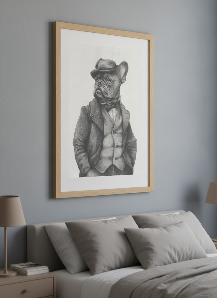 Minimalist artwork displayed in a calm, light-filled bedroom interior
