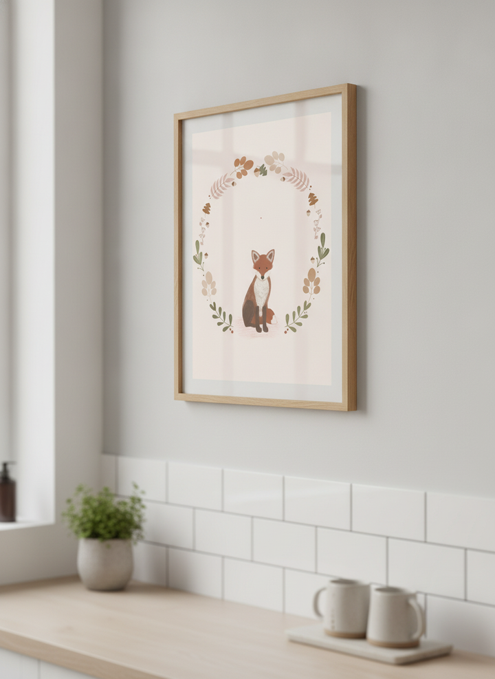 Artwork styled on the wall of a bright modern kitchen