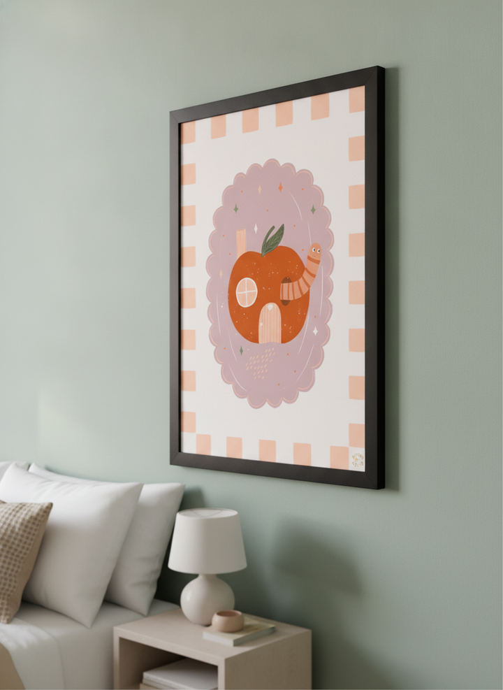 Minimalist artwork displayed in a calm, light-filled bedroom interior