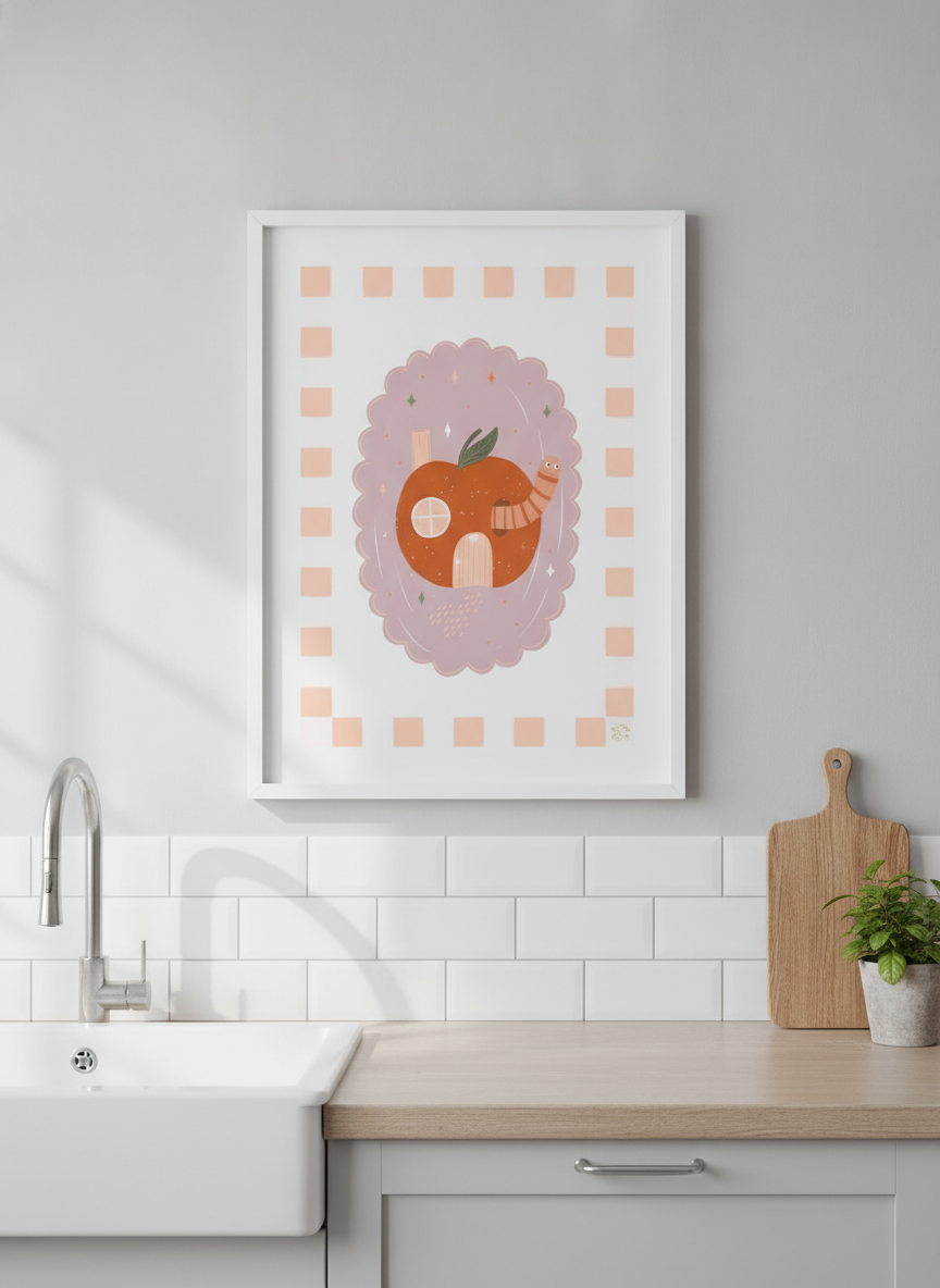 Artwork styled on the wall of a bright modern kitchen
