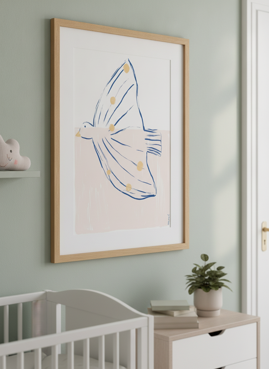 Soft neutral wall art styled in a serene nursery with pastel tones