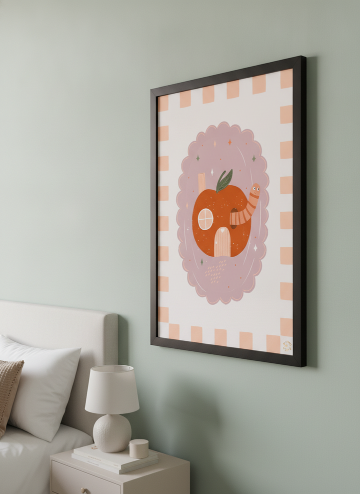 Minimalist artwork displayed in a calm, light-filled bedroom interior