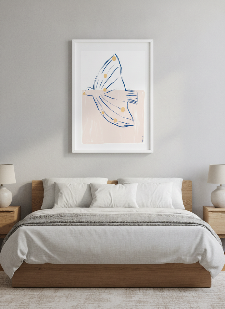 Minimalist artwork displayed in a calm, light-filled bedroom interior