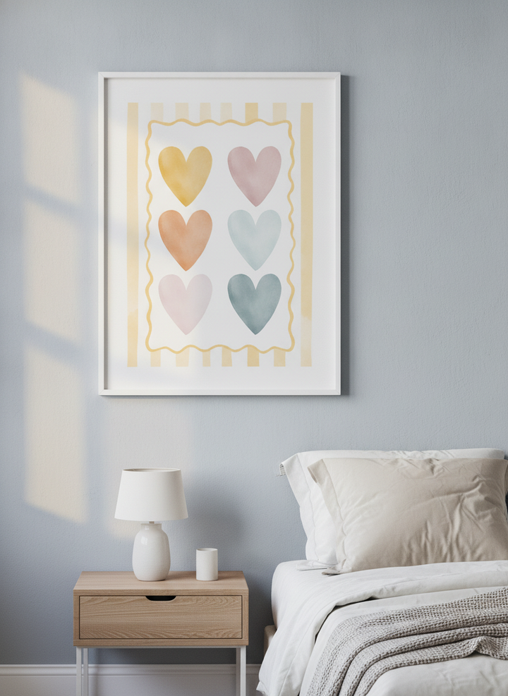 Minimalist artwork displayed in a calm, light-filled bedroom interior