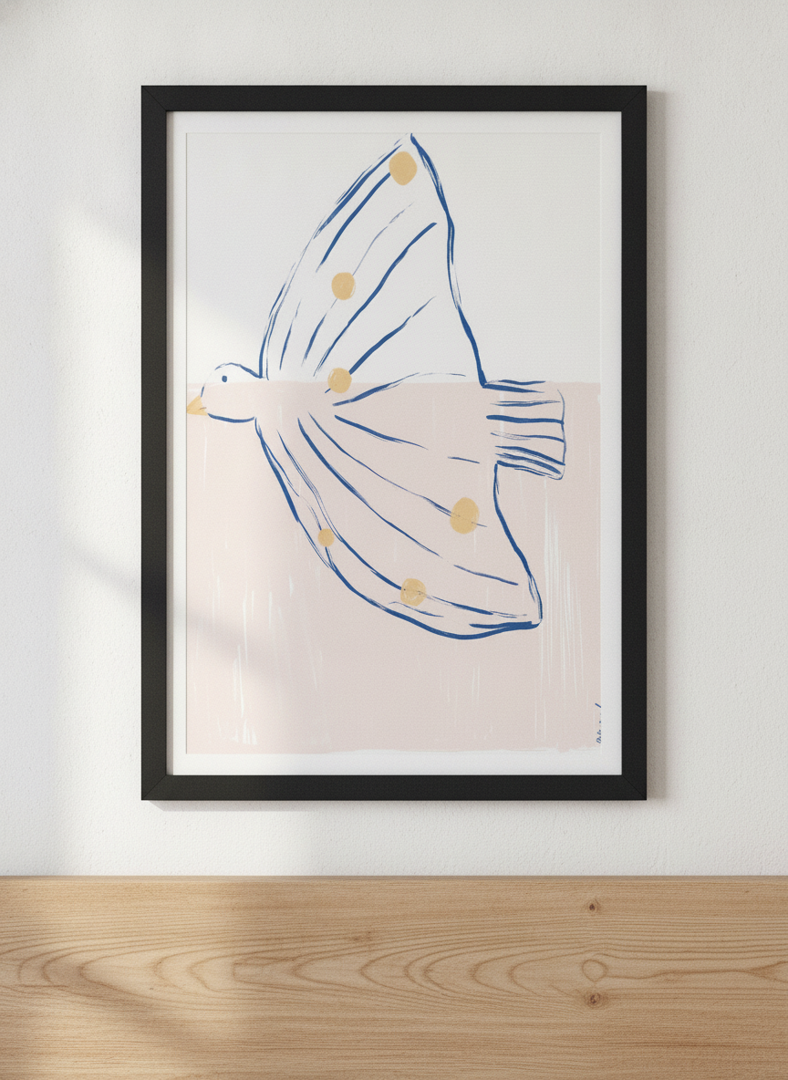 Minimalist artwork displayed in a calm, light-filled bedroom interior