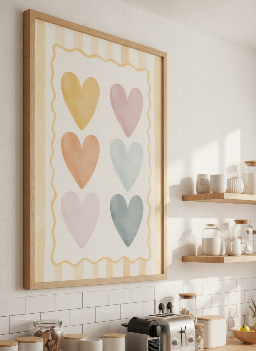 Artwork styled on the wall of a bright modern kitchen