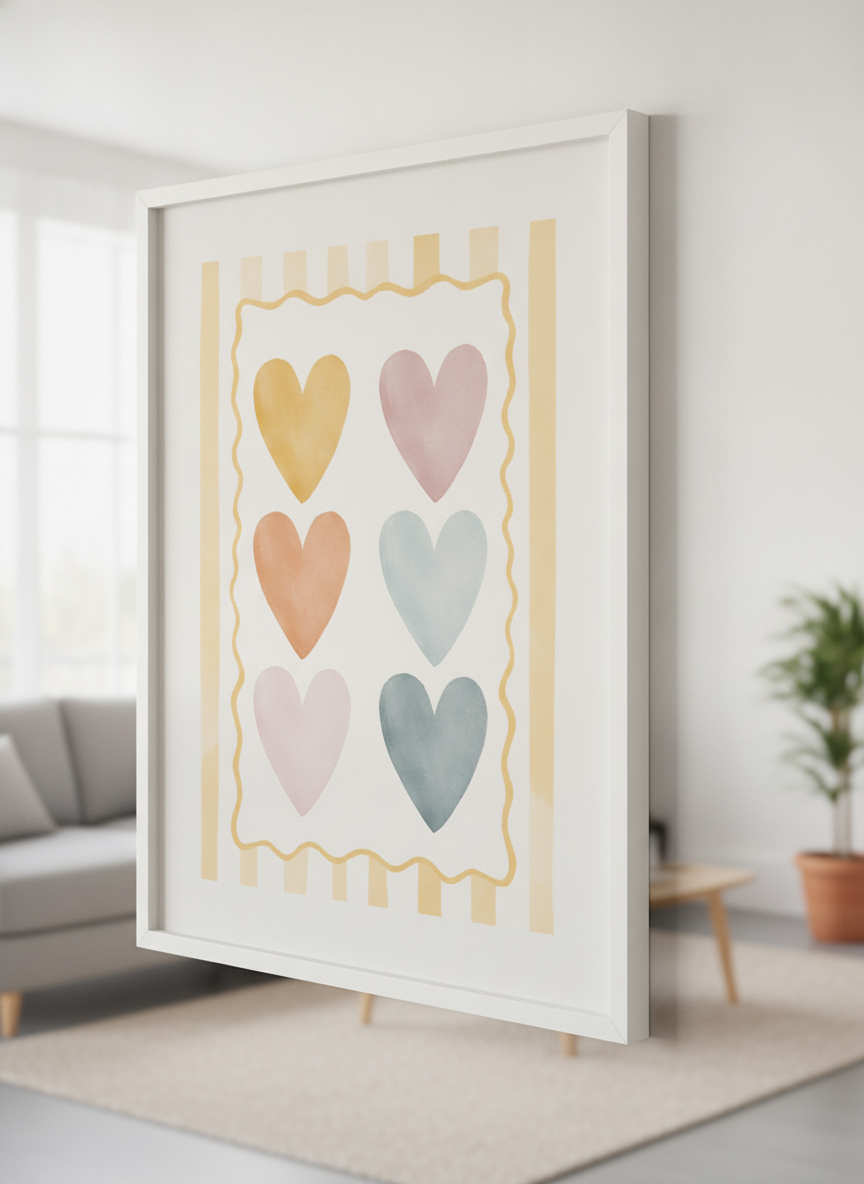 Modern wall art styled above a sofa in a neutral living room