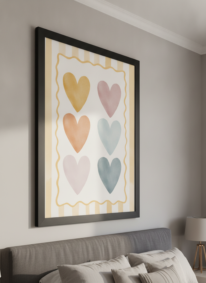 Minimalist artwork displayed in a calm, light-filled bedroom interior