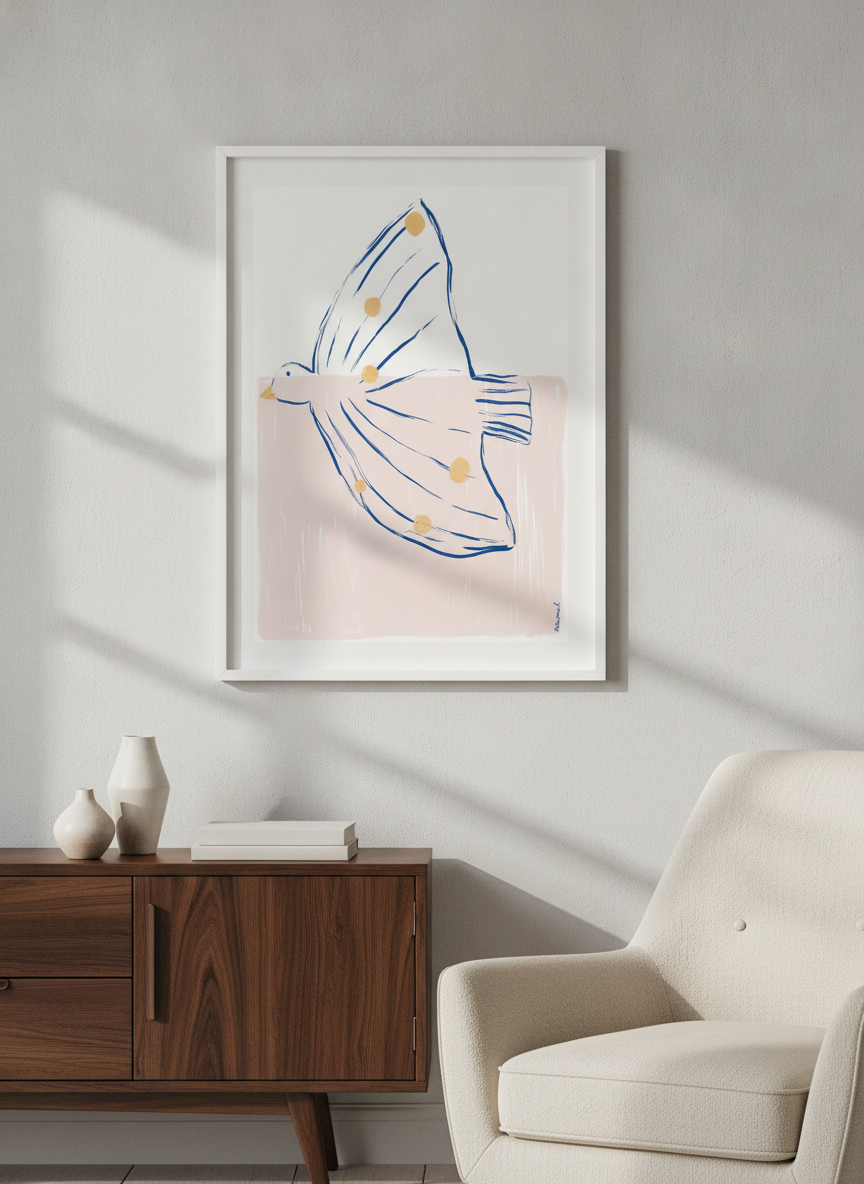 Modern wall art styled above a sofa in a neutral living room