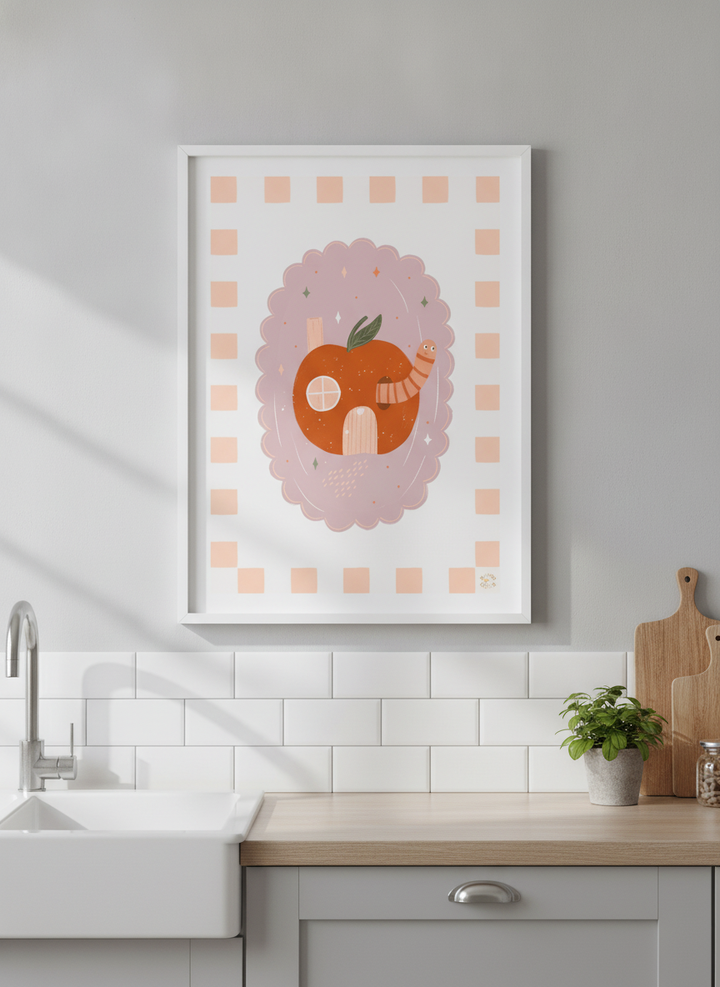 Artwork styled on the wall of a bright modern kitchen
