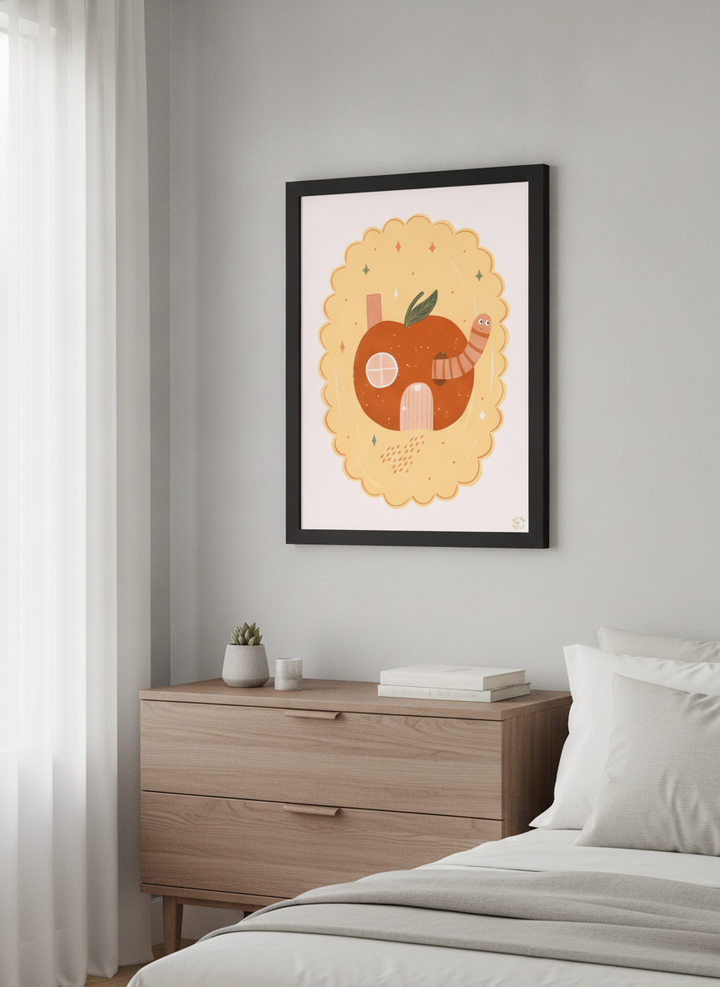 Minimalist artwork displayed in a calm, light-filled bedroom interior