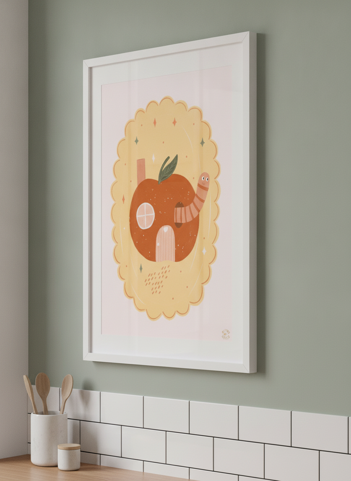 Artwork styled on the wall of a bright modern kitchen