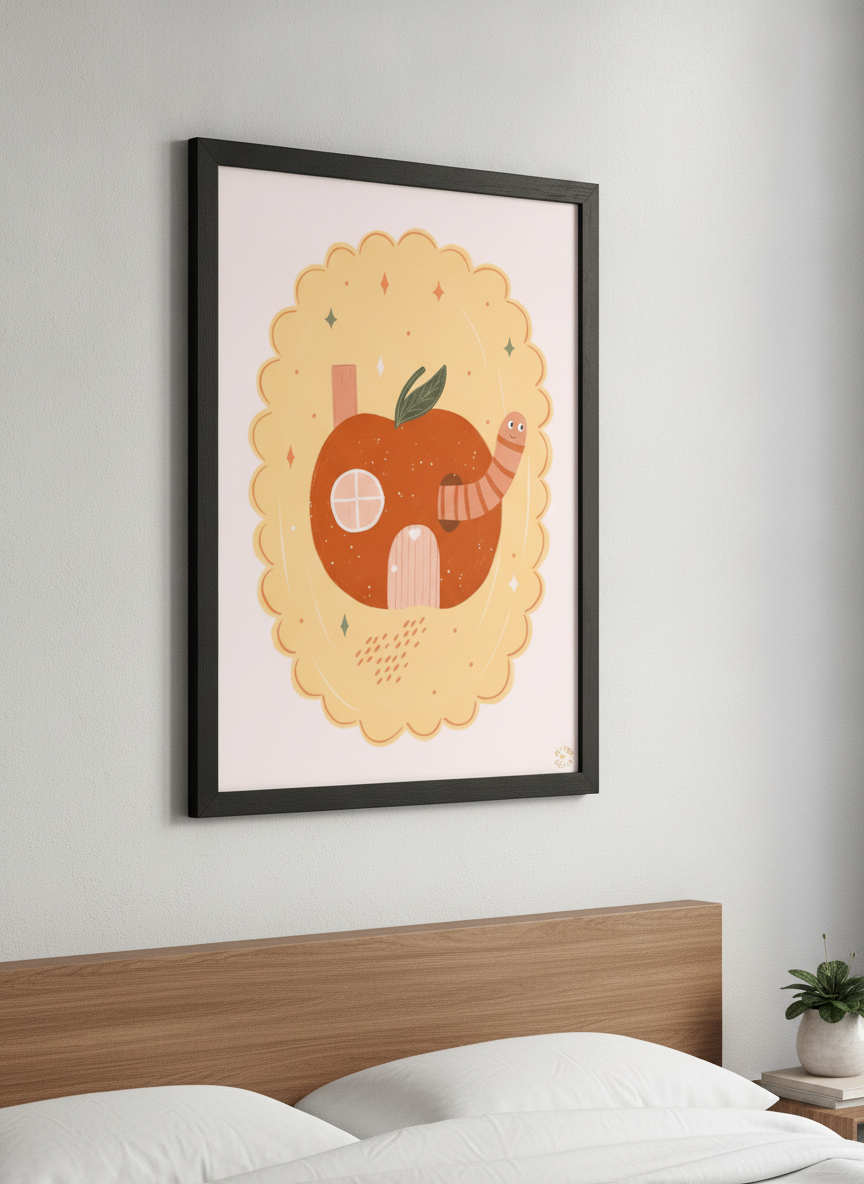 Minimalist artwork displayed in a calm, light-filled bedroom interior
