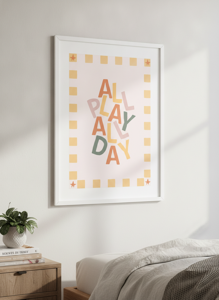 Minimalist artwork displayed in a calm, light-filled bedroom interior