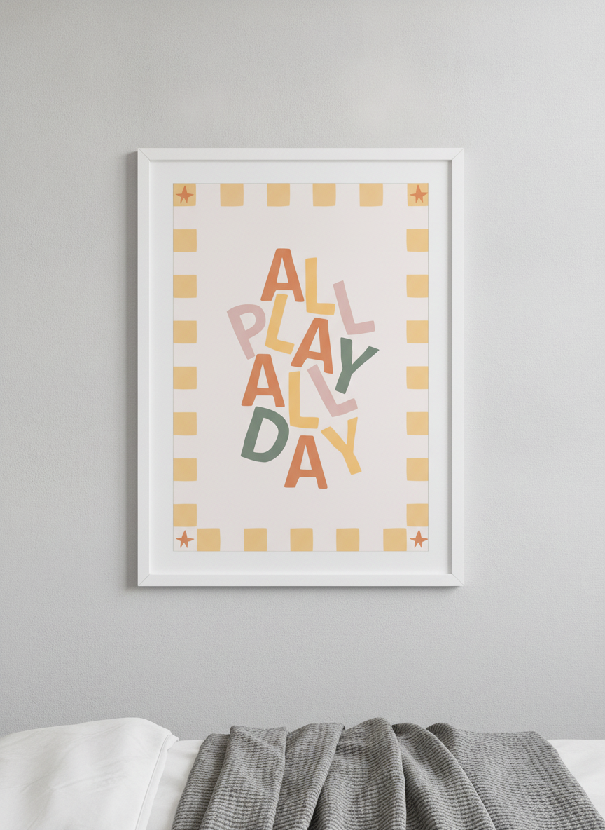 Minimalist artwork displayed in a calm, light-filled bedroom interior