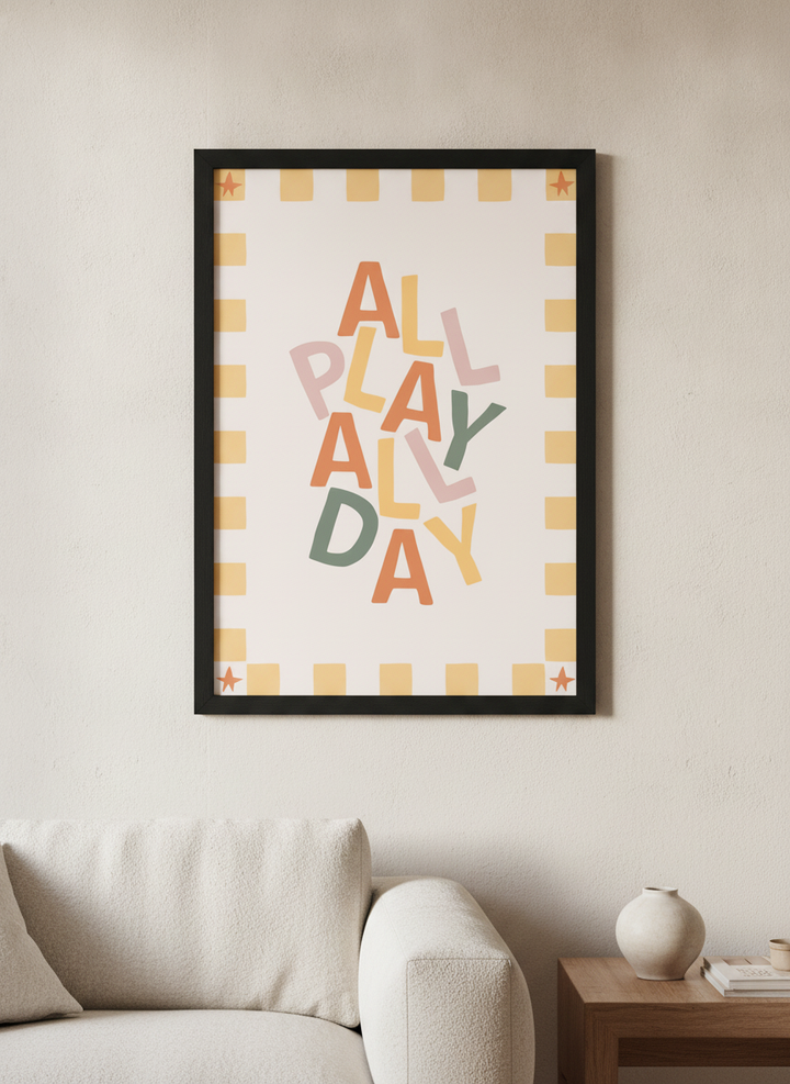 Modern wall art styled above a sofa in a neutral living room