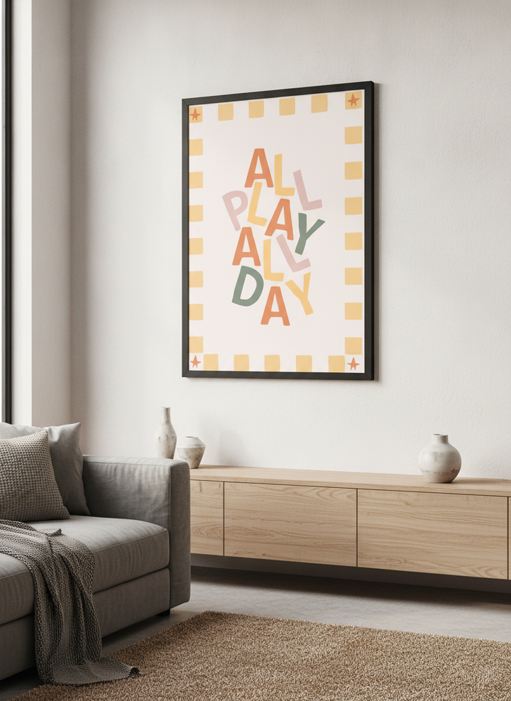Modern wall art styled above a sofa in a neutral living room