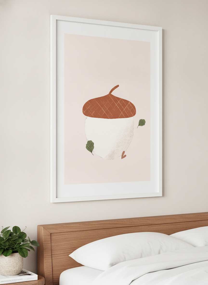Minimalist artwork displayed in a calm, light-filled bedroom interior
