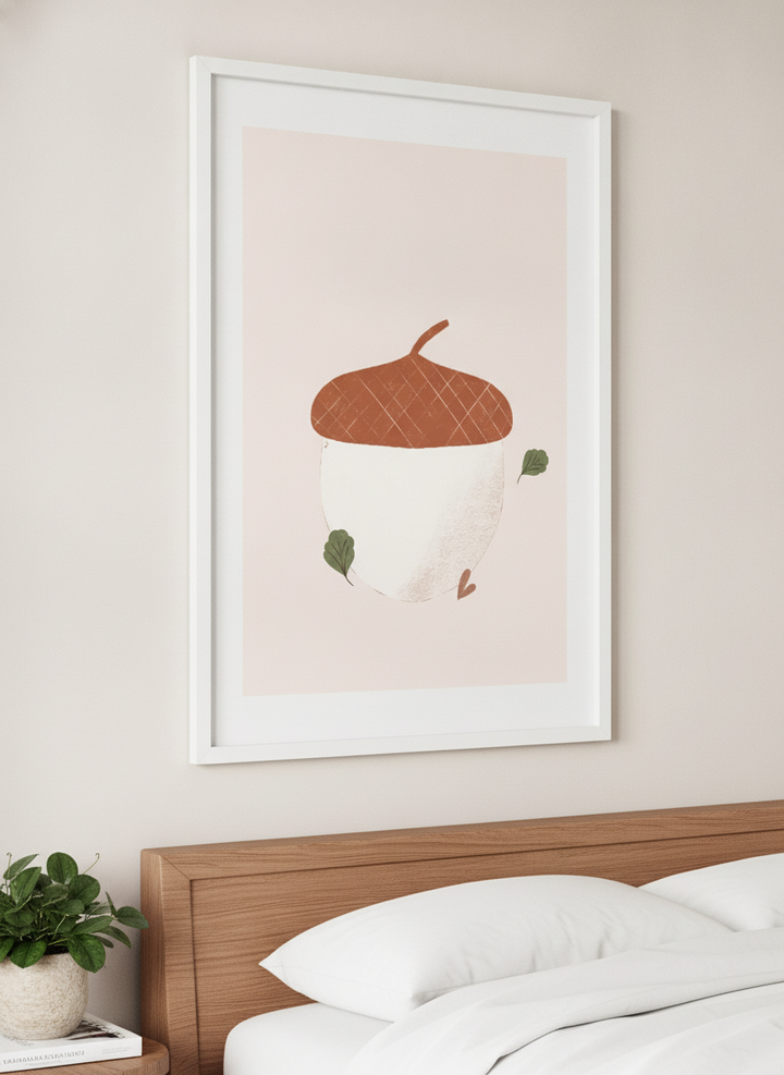 Minimalist artwork displayed in a calm, light-filled bedroom interior