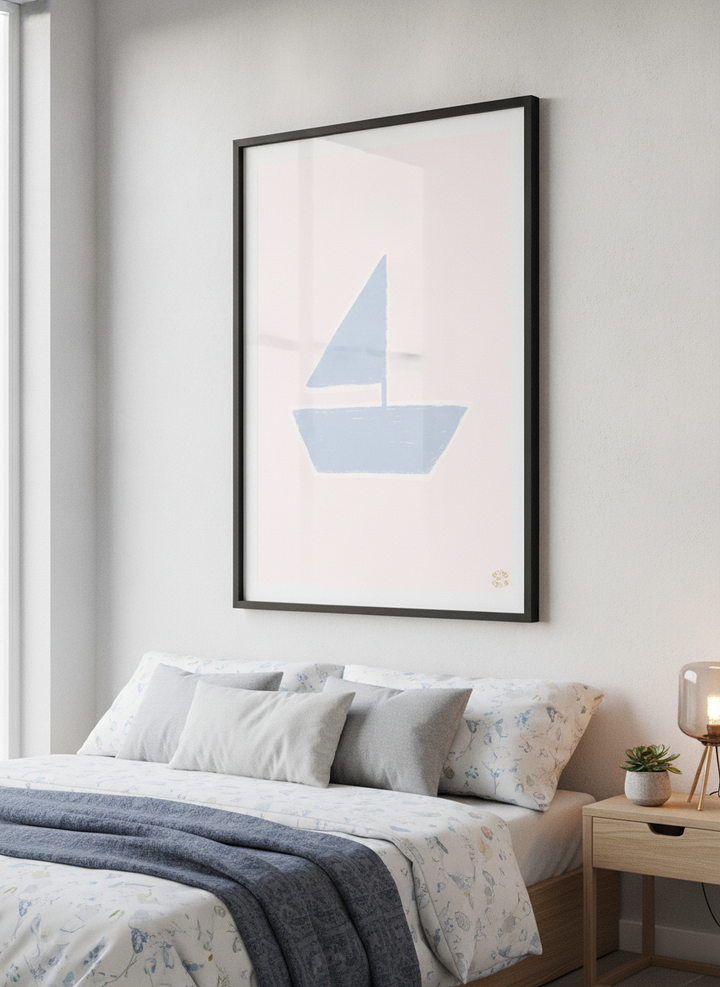 Minimalist artwork displayed in a calm, light-filled bedroom interior