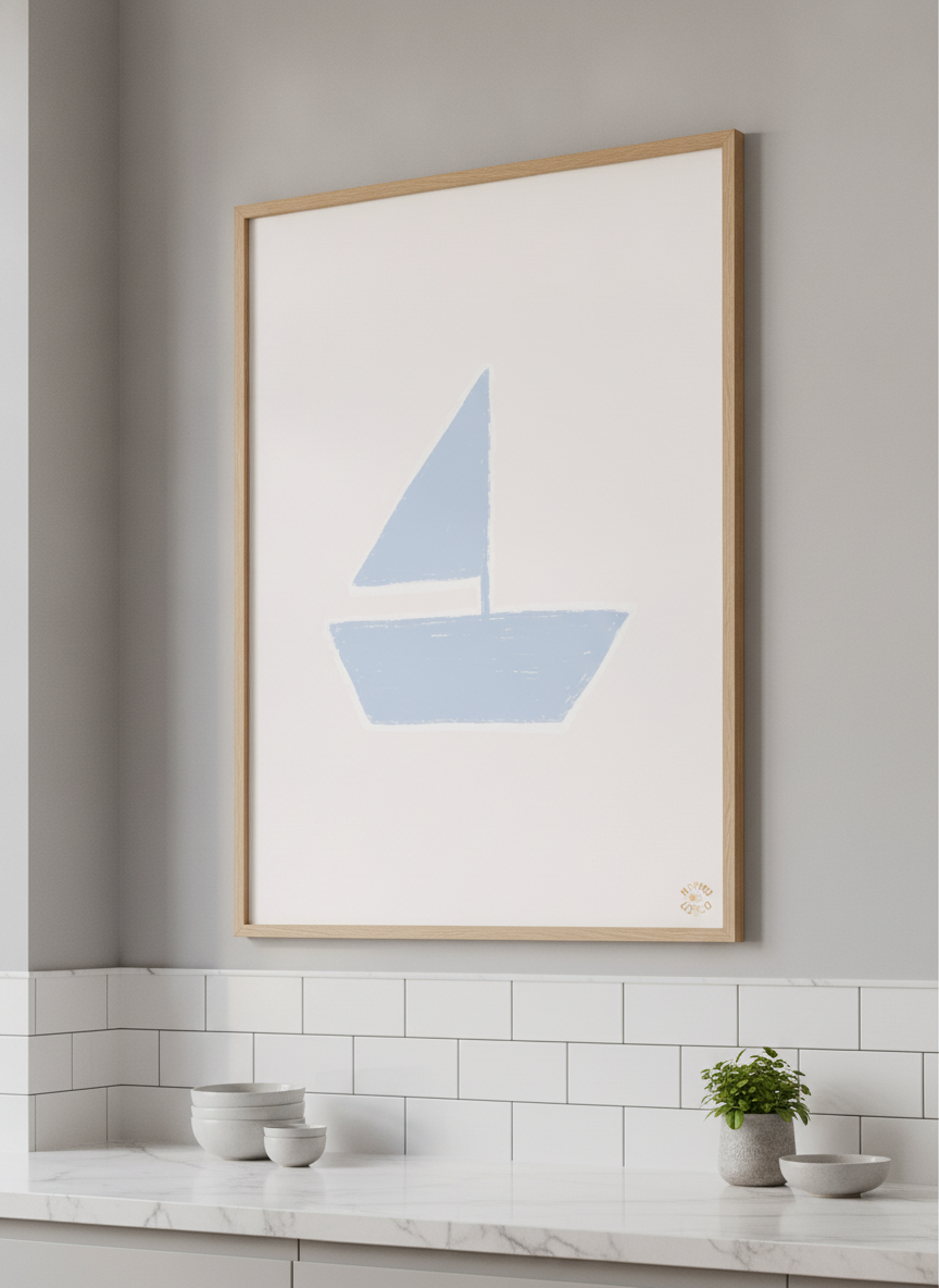 Artwork styled on the wall of a bright modern kitchen