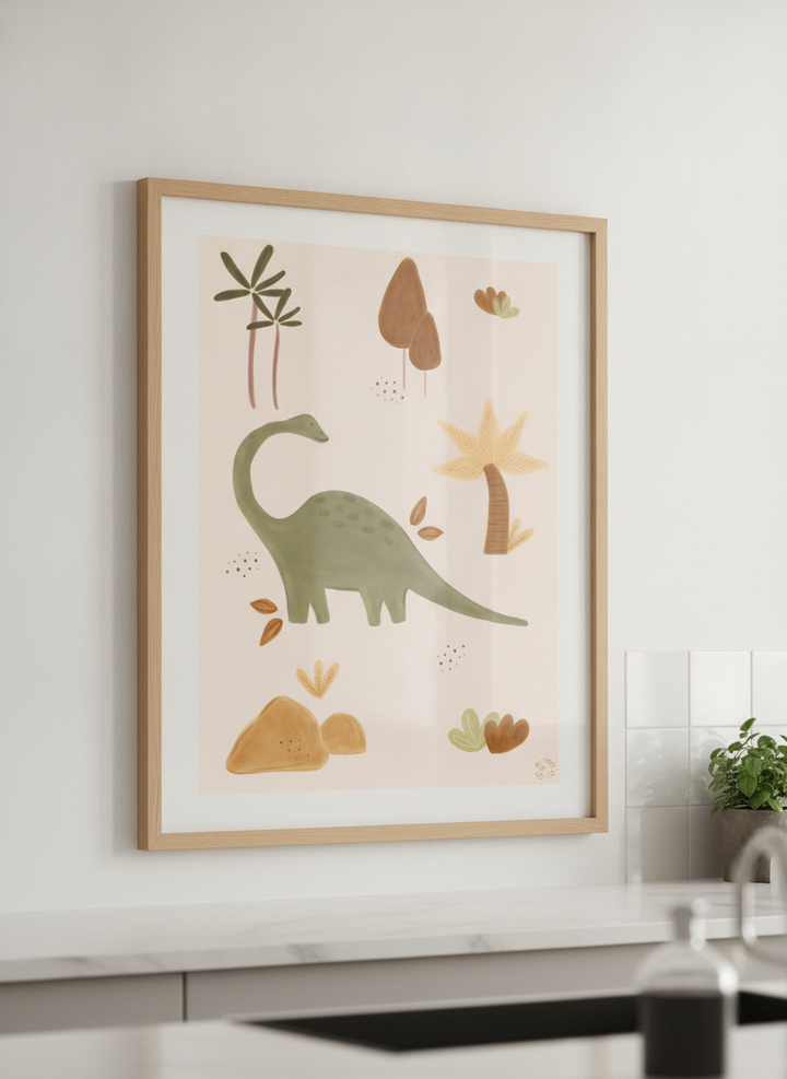 Artwork styled on the wall of a bright modern kitchen