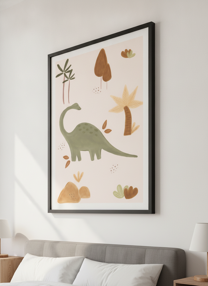 Minimalist artwork displayed in a calm, light-filled bedroom interior