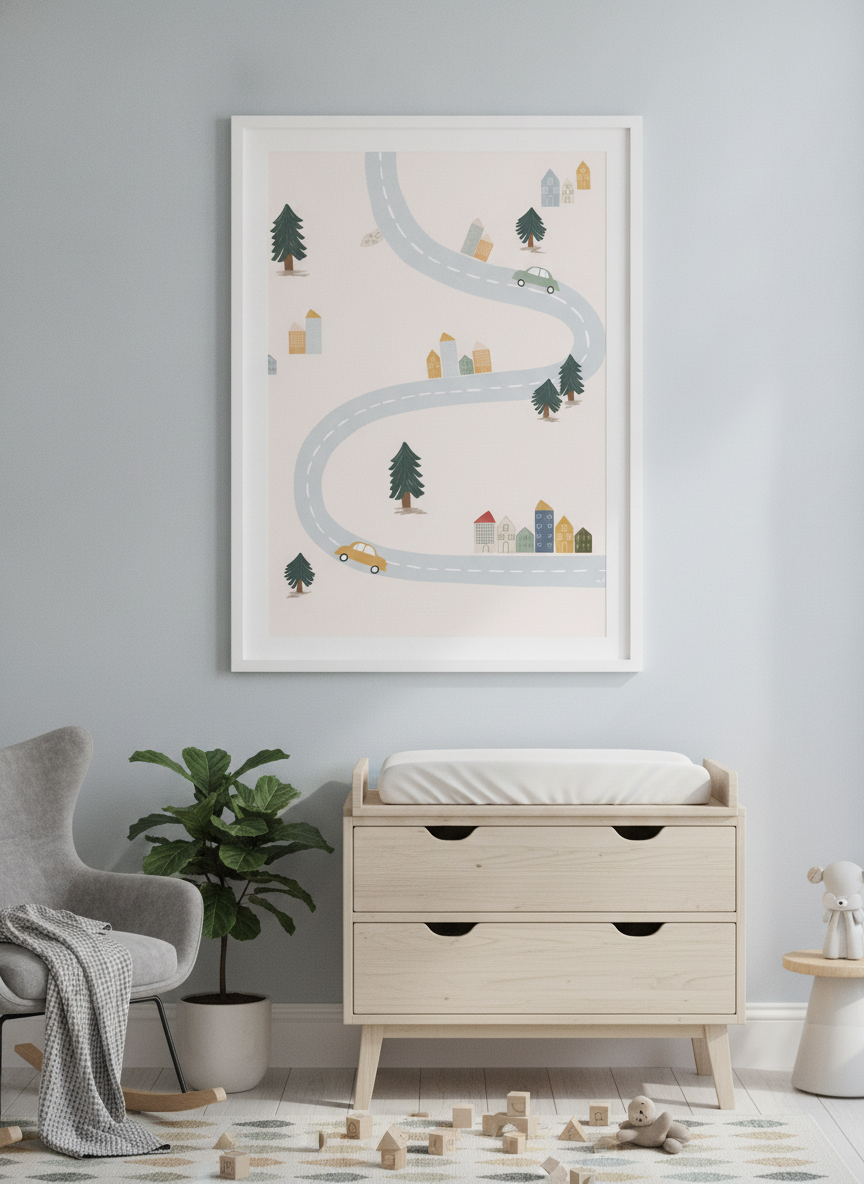 Soft neutral wall art styled in a serene nursery with pastel tones